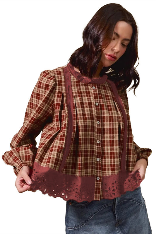 Lacy Plaid Lace Hem Button Down Shirt