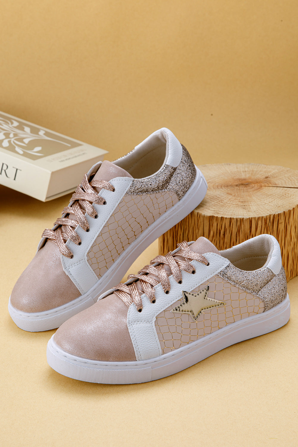 Gold Glitter Star Patchwork PU Leather Lace-up Sneakers