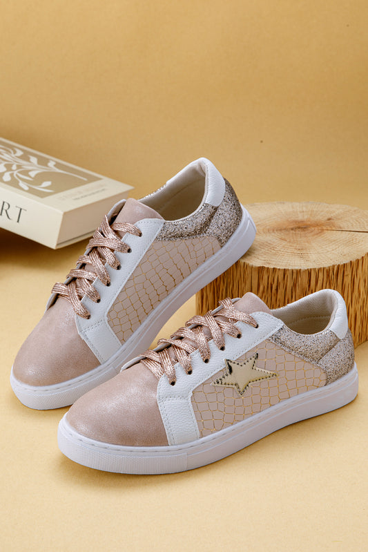 Gold Glitter Star Patchwork PU Leather Lace-up Sneakers