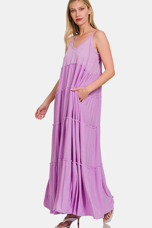 Zenana Frill Tiered V-Neck Maxi Cami Dress