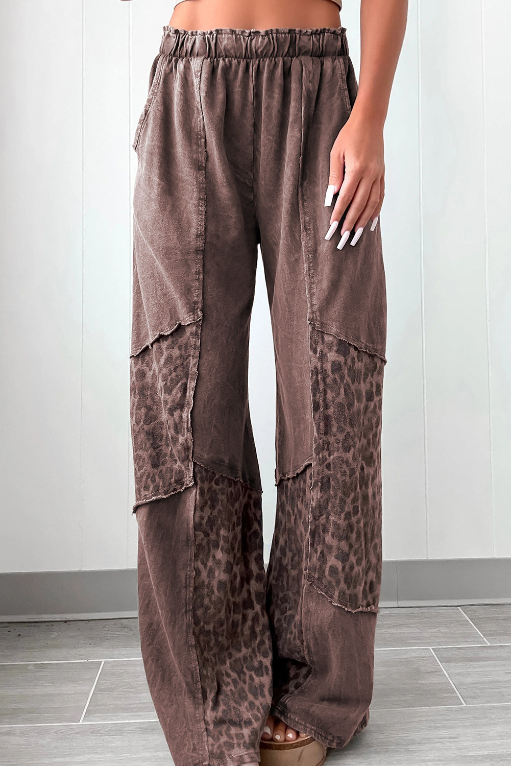 Coffee Mineral Wash Leopard Patchwork Loose Pants