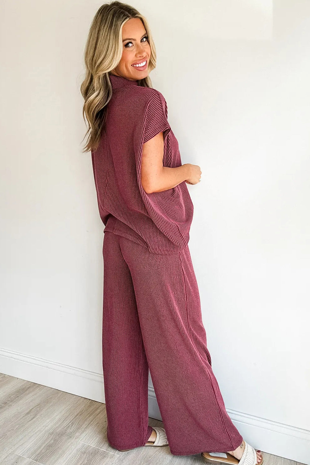 Burgundy Twisted Ribbed High Neck Loose Tee Elastic High Waist Loose Pant Set