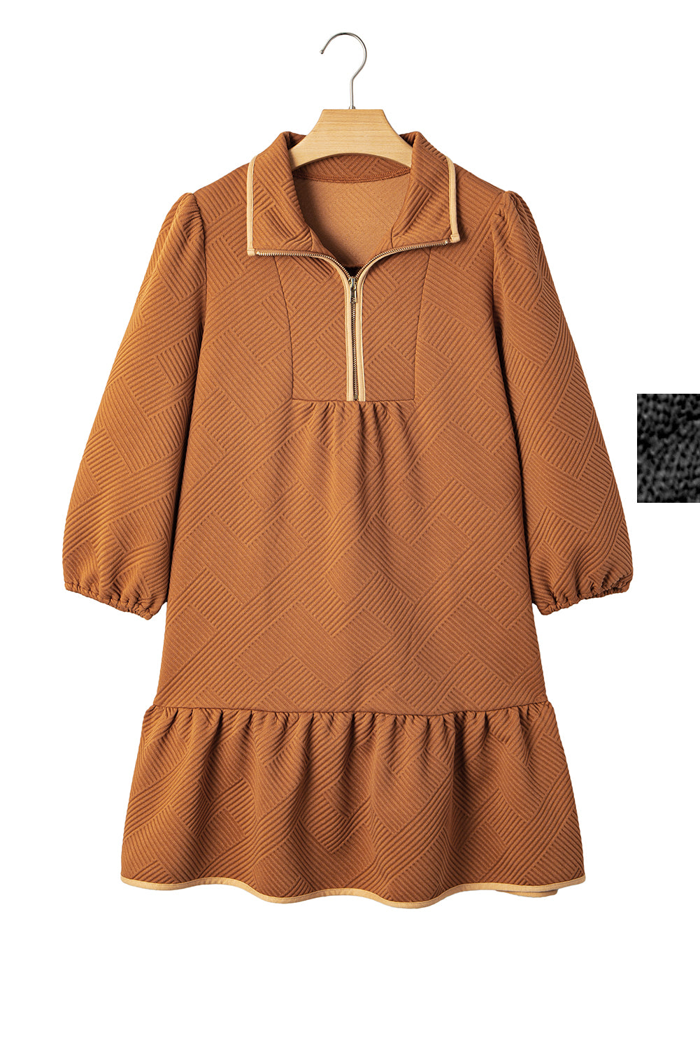 Jungle Green  Quarter Zip Collar Bracelet Sleeve Textured Mini Dress