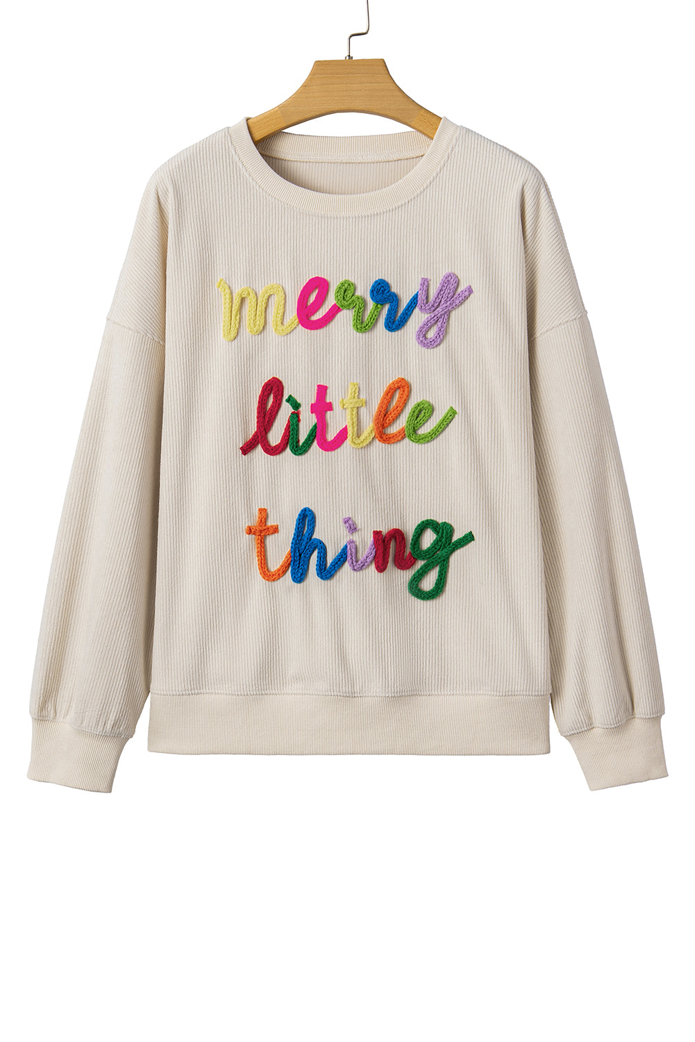 Beige merry everything Letter Graphic Ribbed Loose Sweatshirt