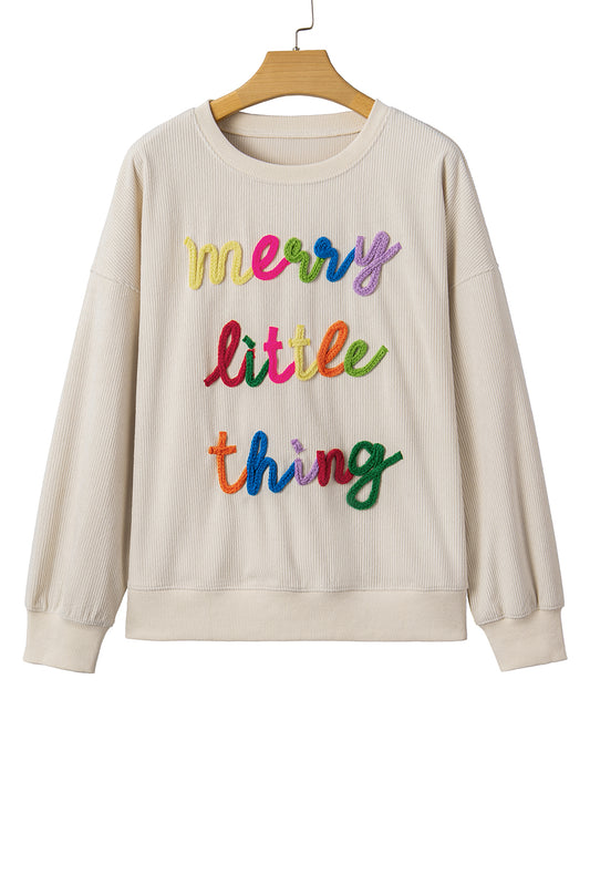 Beige merry everything Letter Graphic Ribbed Loose Sweatshirt