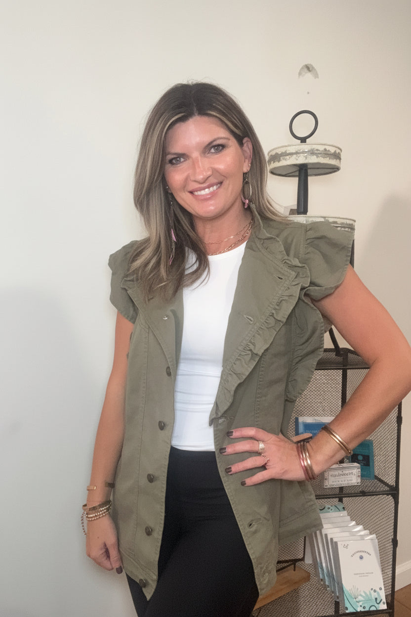 Green Bay Ruffle Plain Denim Jacket Vest