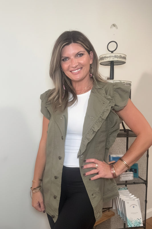 Green Bay Ruffle Plain Denim Jacket Vest