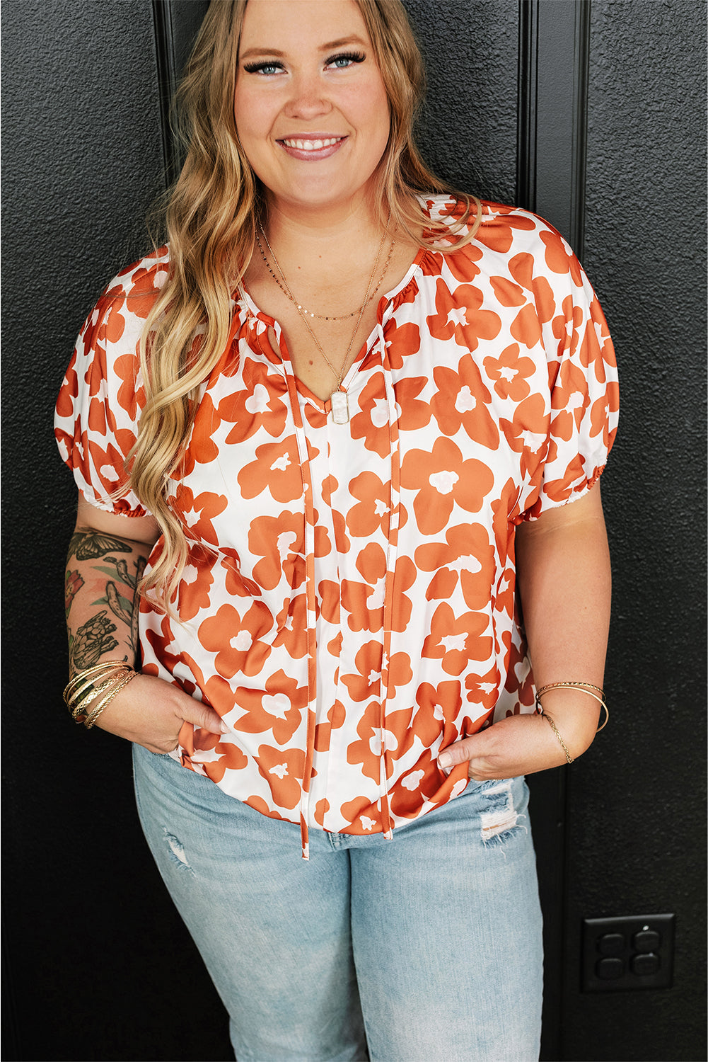 Orange Plus Size 60s Floral Print Drawstring V Neck Short Sleeve Blouse