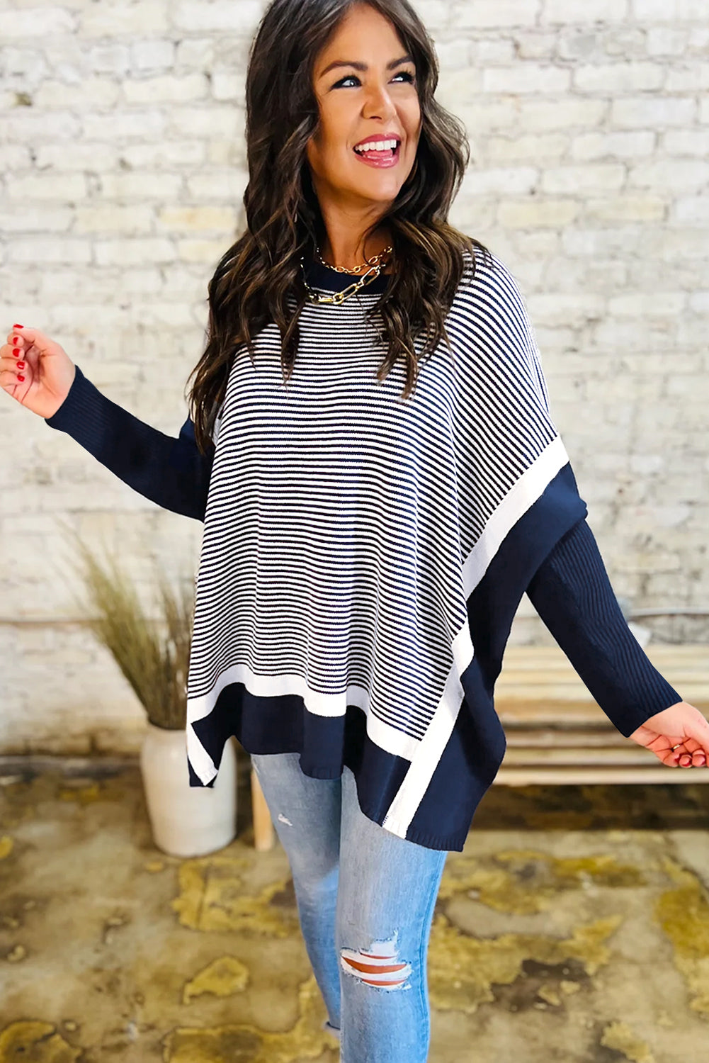 Green Stripe Color Block Patchwork Dolman Oversize Tunic Sweater
