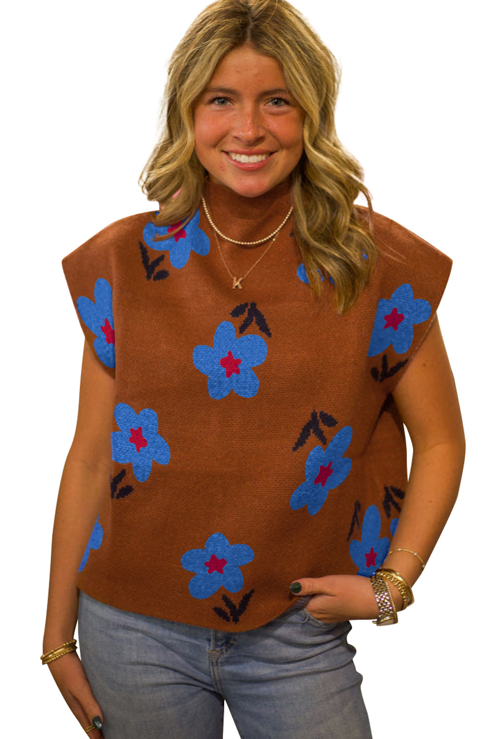 Chestnut Vintage Floral Pattern High Neck Sweater Vest