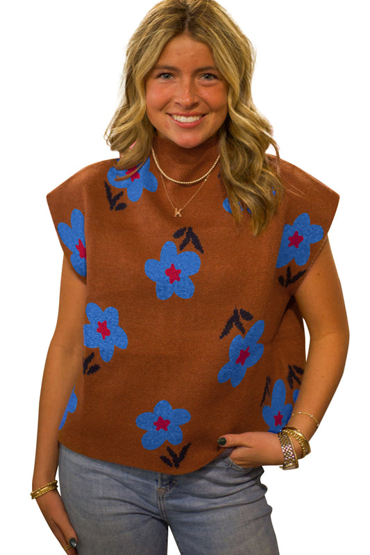 Chestnut Vintage Floral Pattern High Neck Sweater Vest