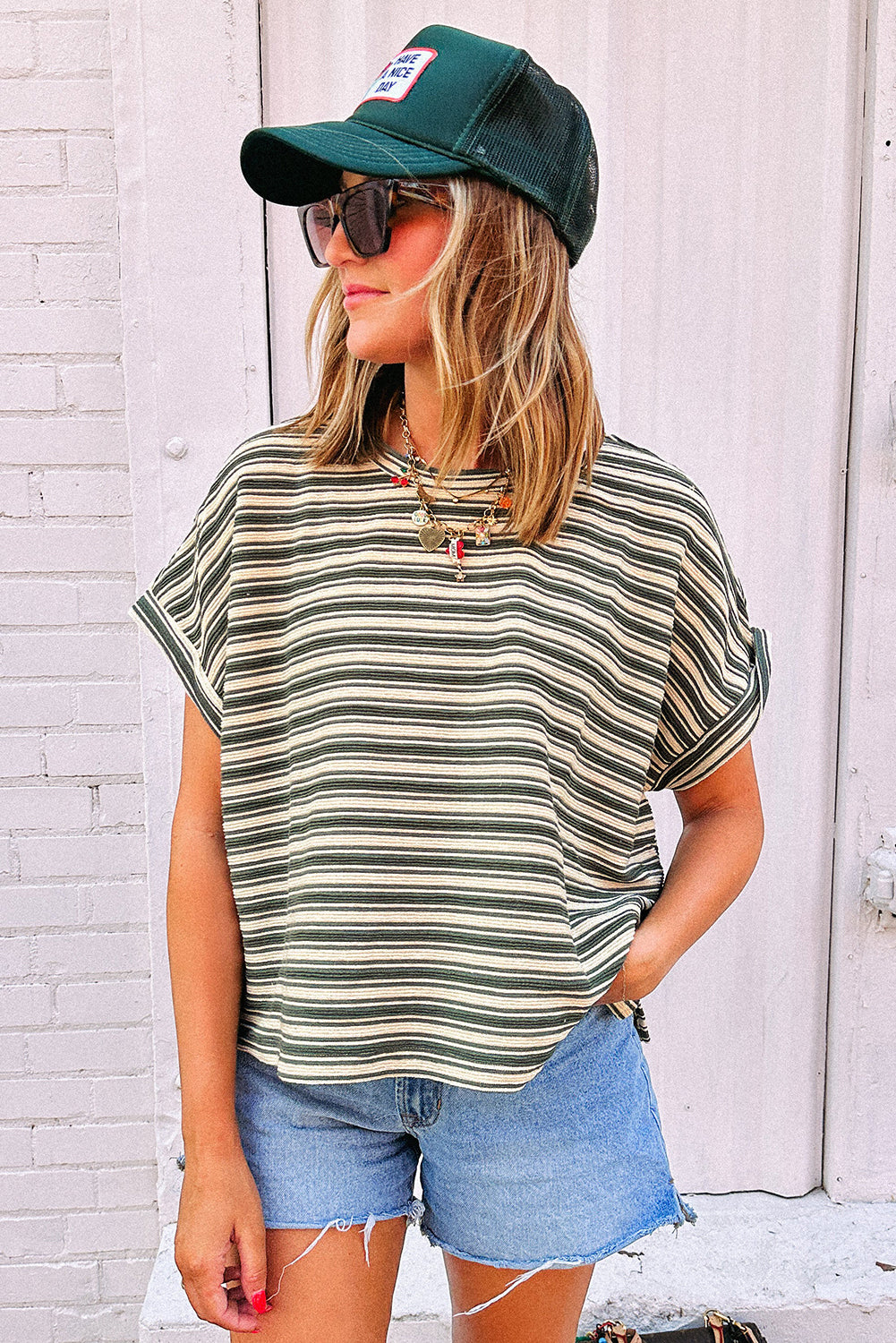 Green Stripe Textured Side Slit Crew Neck T Shirt