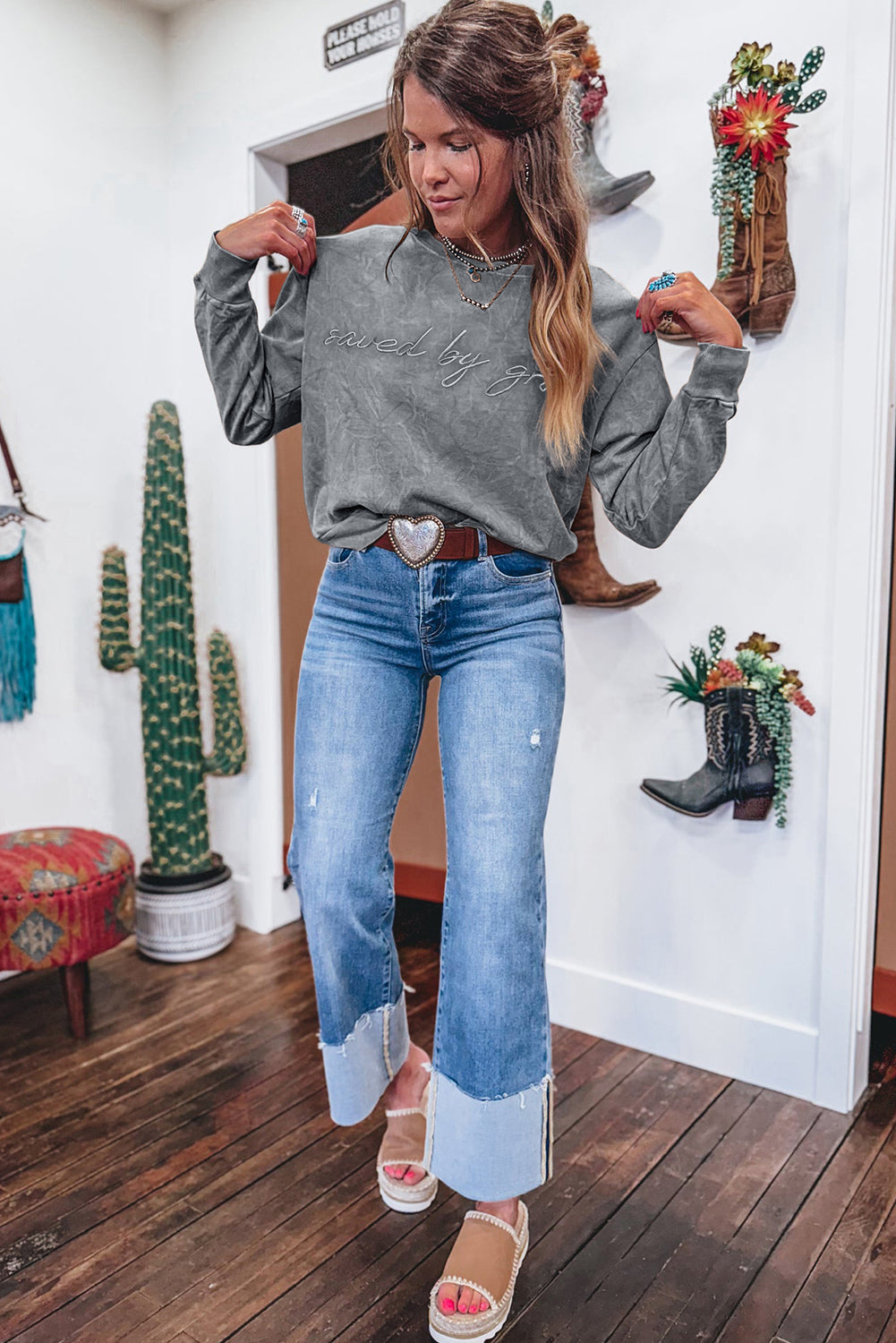 Sea Green  saved by grace Letter Embroidery Mineral Wash Loose Sweatshirt