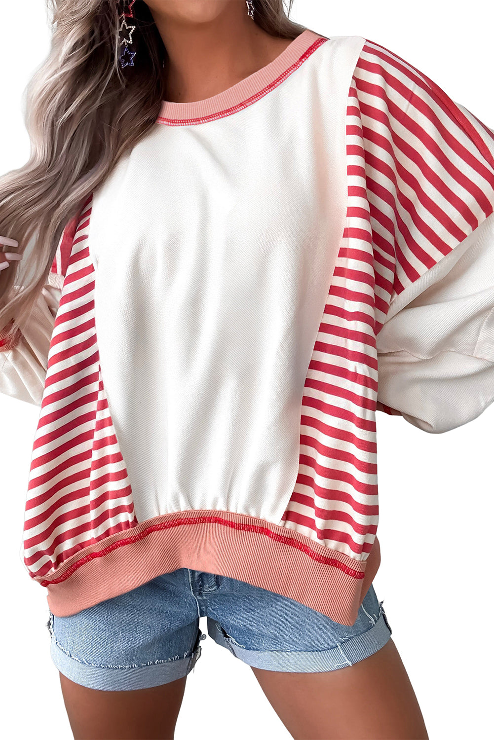 White Striped Colorblock Patchwork Oversized Sweatshirt
