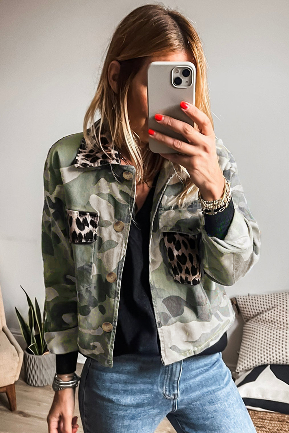 Taylor Camouflage Leopard Patchwork Flap Pocket Collared Jacket