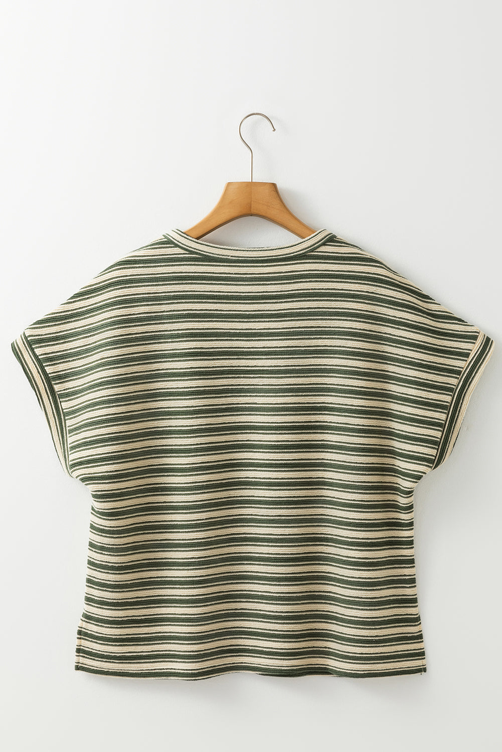 Green Stripe Textured Side Slit Crew Neck T Shirt