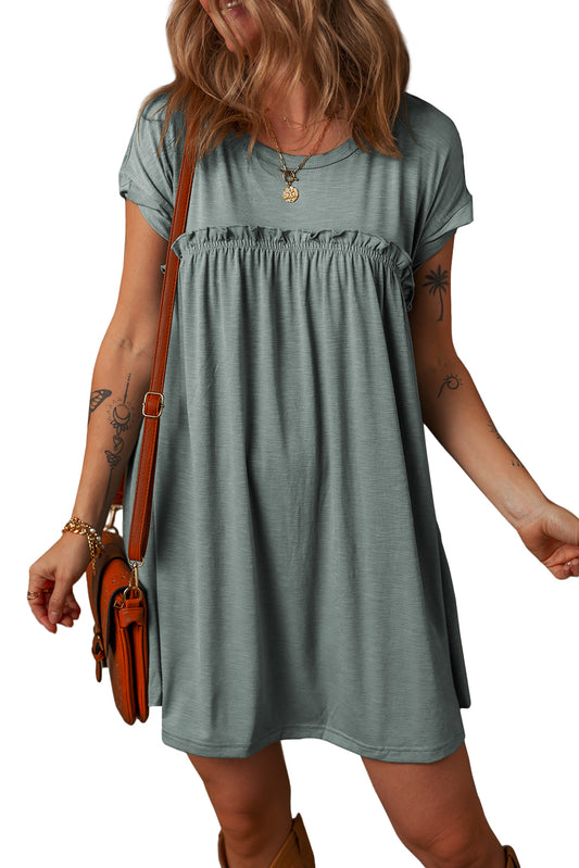 Mist Green Frilled Seam Round Neck T Shirt Dress