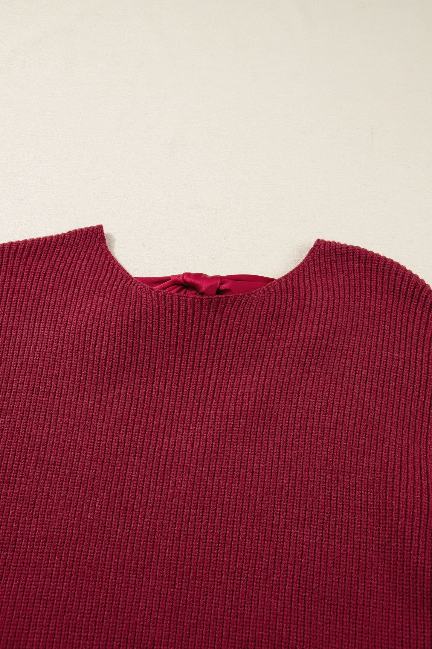 Red Dahlia Ribbed Knit Ribbon Knot Backless Drop Shoulder Sweater