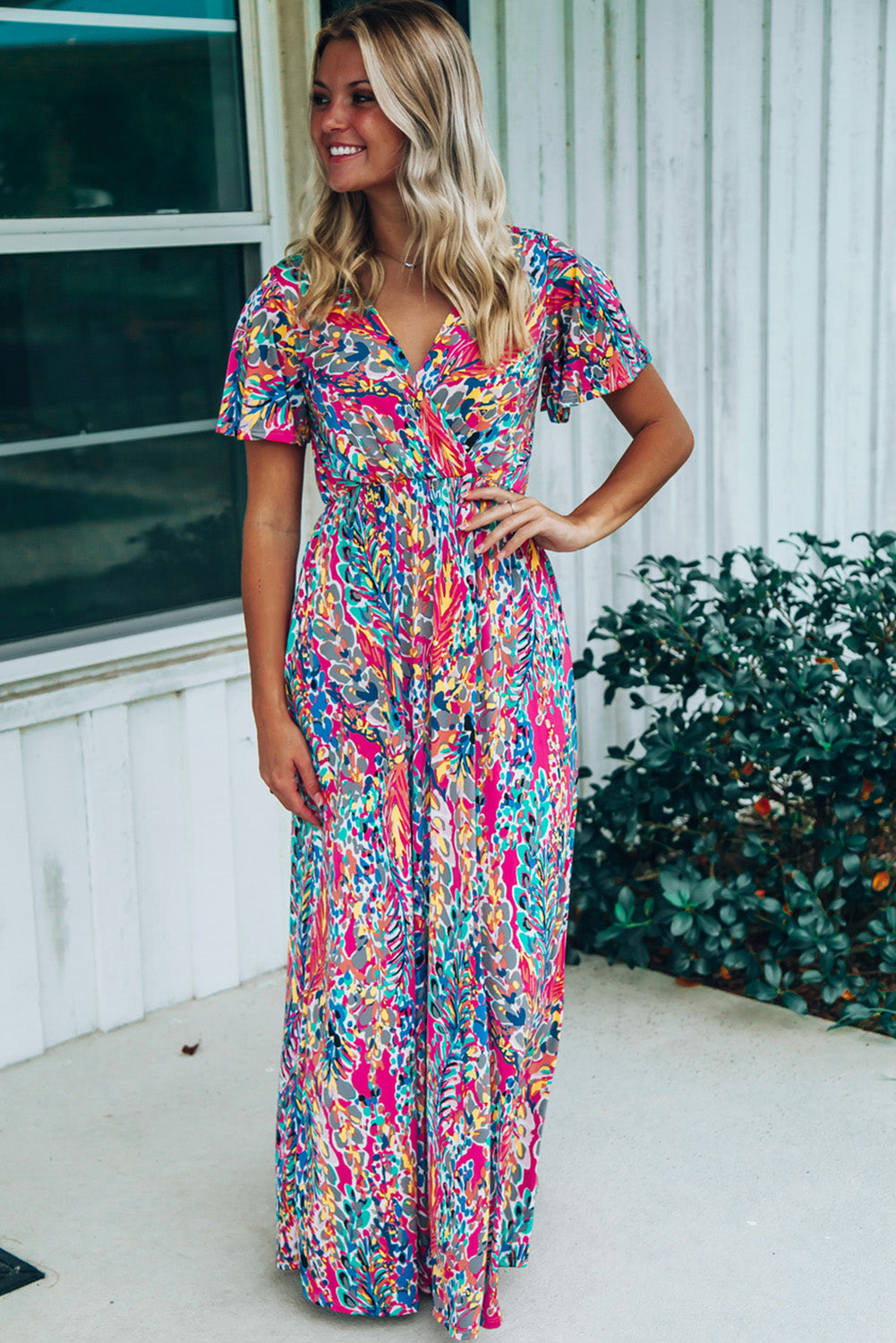 Aubrey Abstract Print Wrap V Neck Flutter Sleeve Mid Length Summer Dress