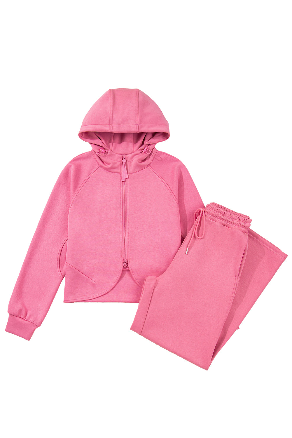 Pink Solid Color Zip Up Hoodie Drawstring Loose Pants Set