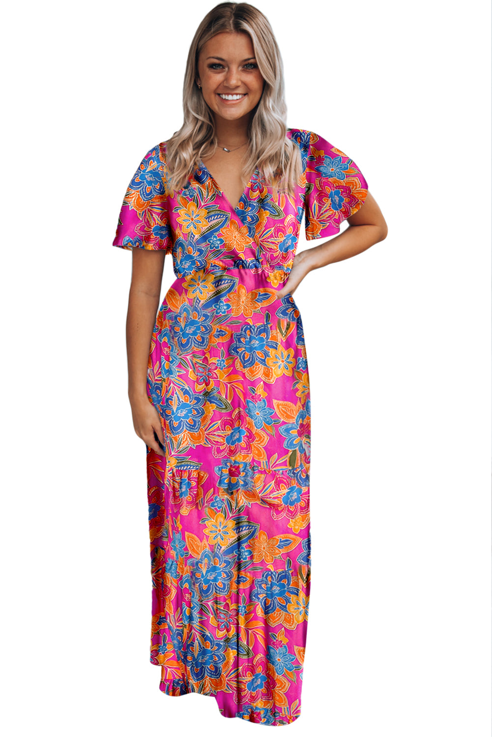 Aubrey Abstract Print Wrap V Neck Flutter Sleeve Mid Length Summer Dress