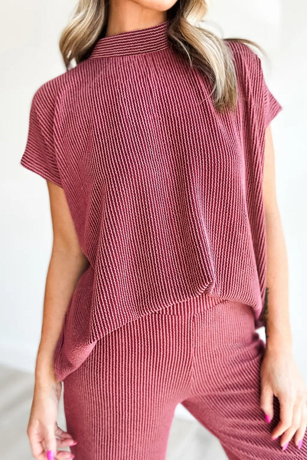 Burgundy Twisted Ribbed High Neck Loose Tee Elastic High Waist Loose Pant Set