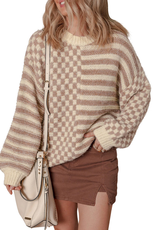 Khaki Stripe Checkerboard Drop Shoulder Balloon Sleeve Sweater