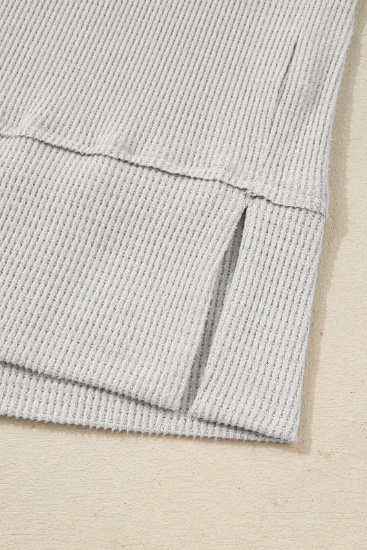 Light Grey Textured Knit Drawstring Cowl Neck Oversized Top