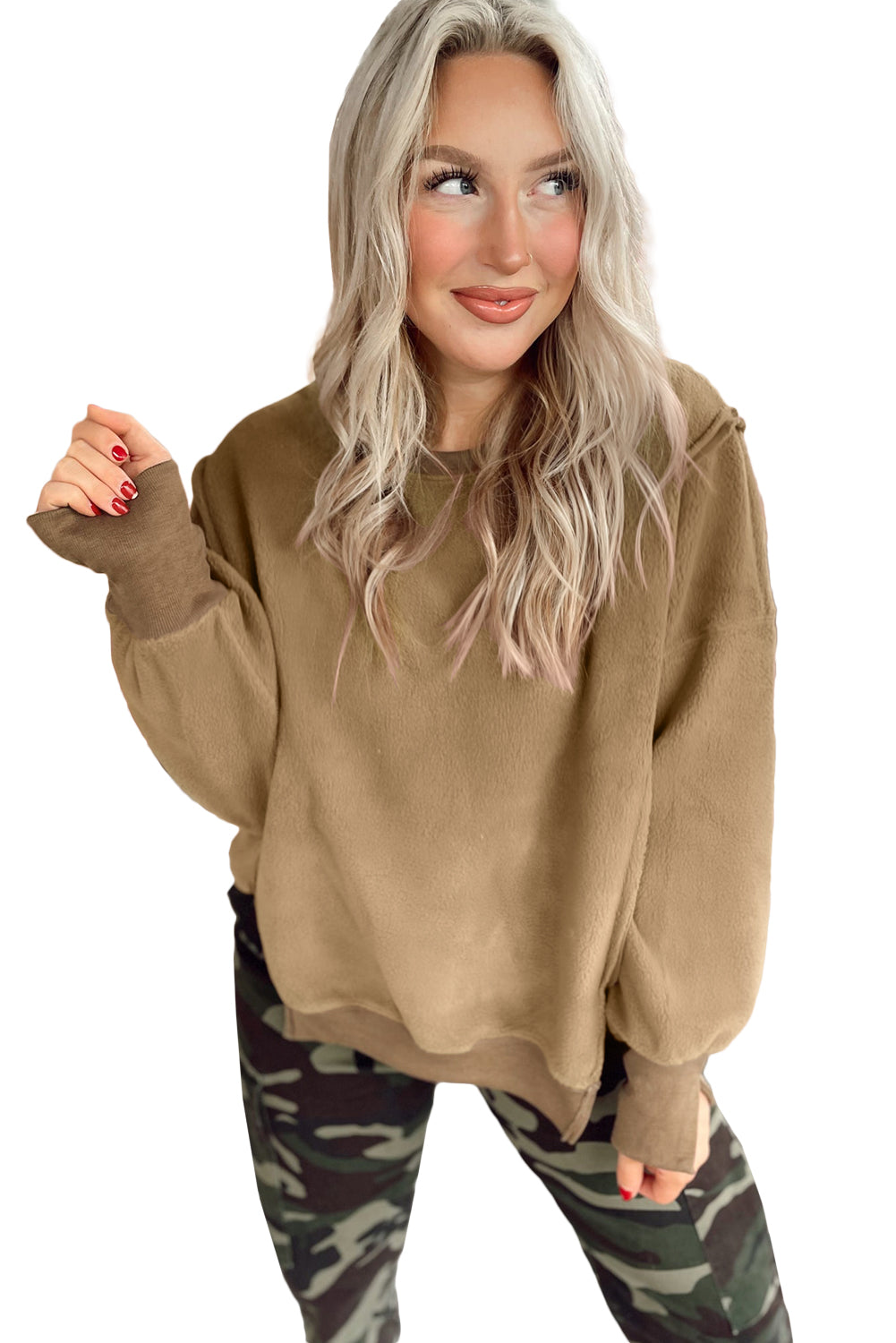 Dark Khaki Fuzzy Sherpa Splicing Pullover Sweatshirt