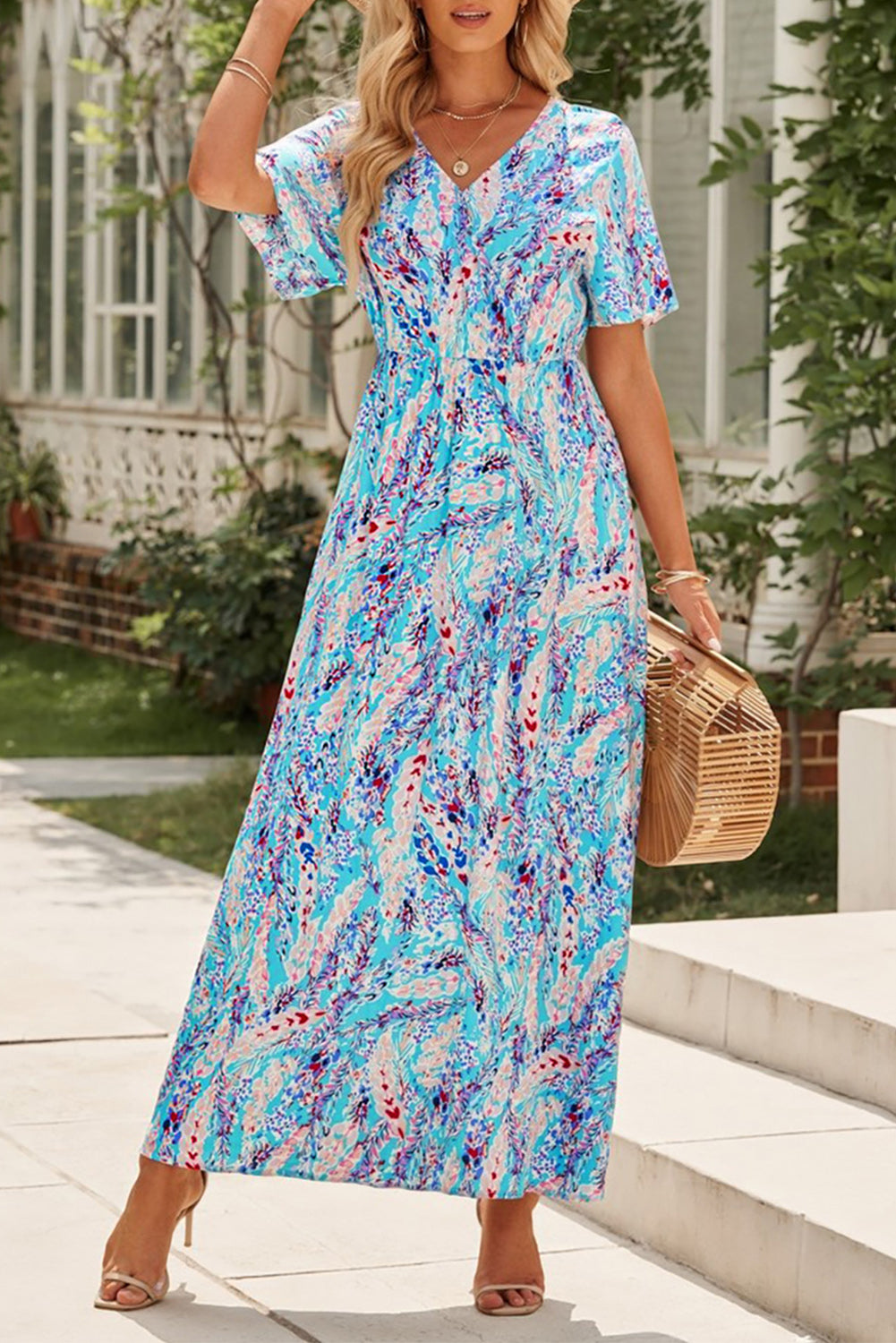 Aubrey Abstract Print Wrap V Neck Flutter Sleeve Mid Length Summer Dress