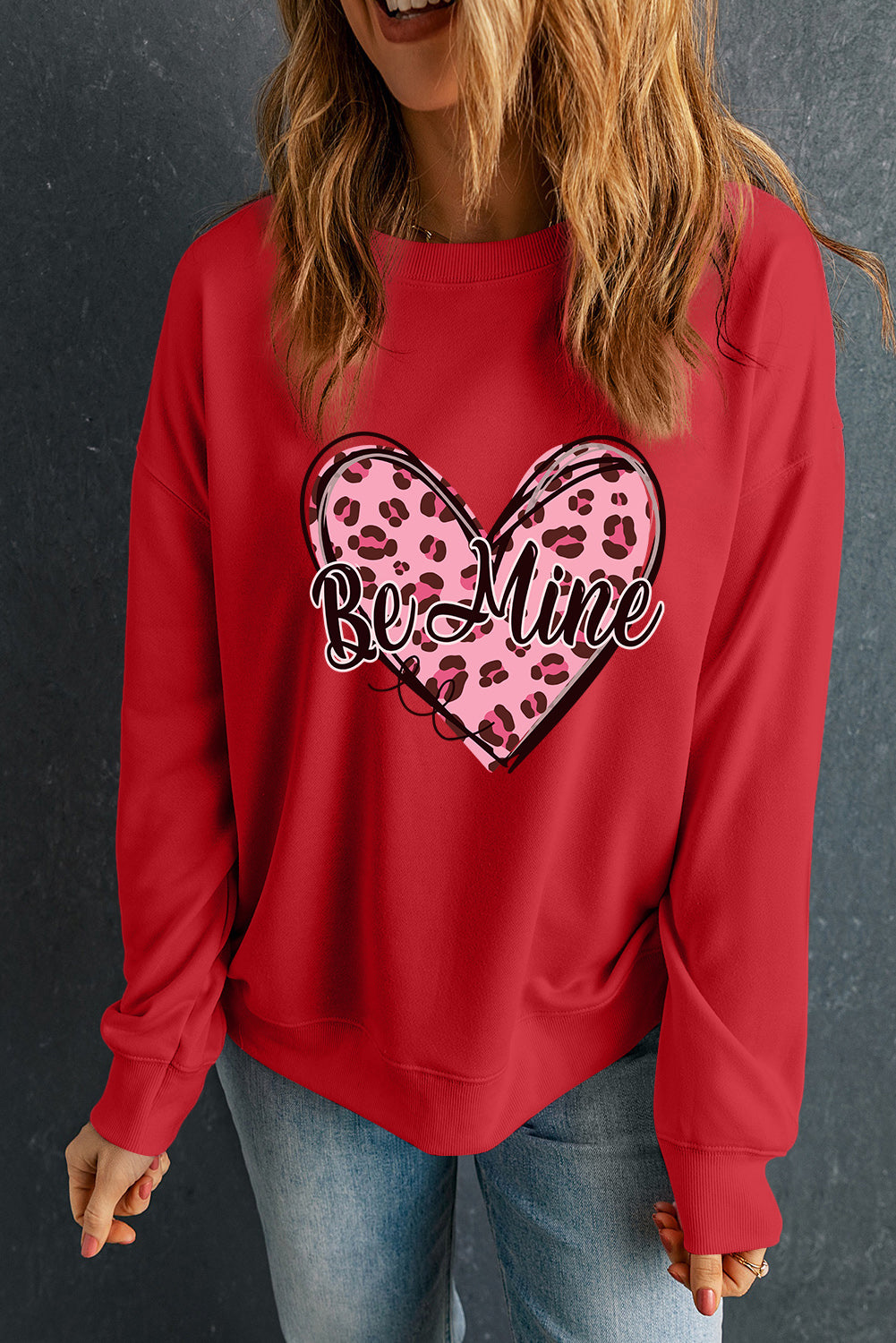 Red Be Mine Leopard Heart Printed Valentines Sweatshirt