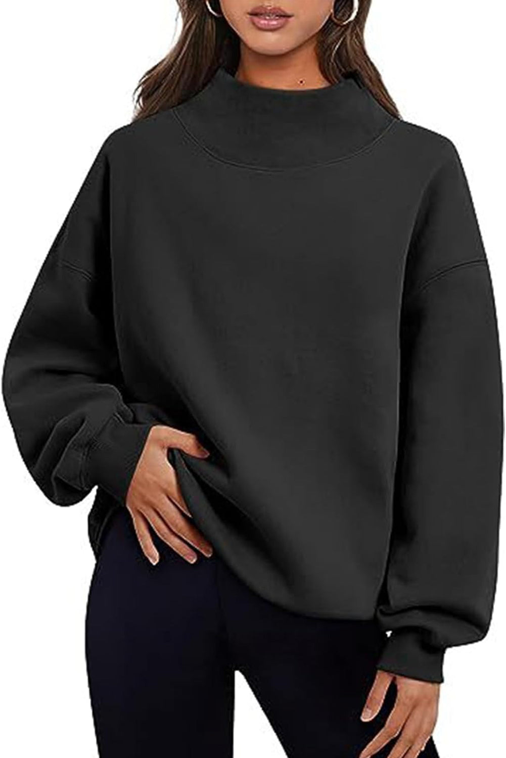 Lenny Grey Solid Color High Neck Long Sleeve Loose Sweatshirt