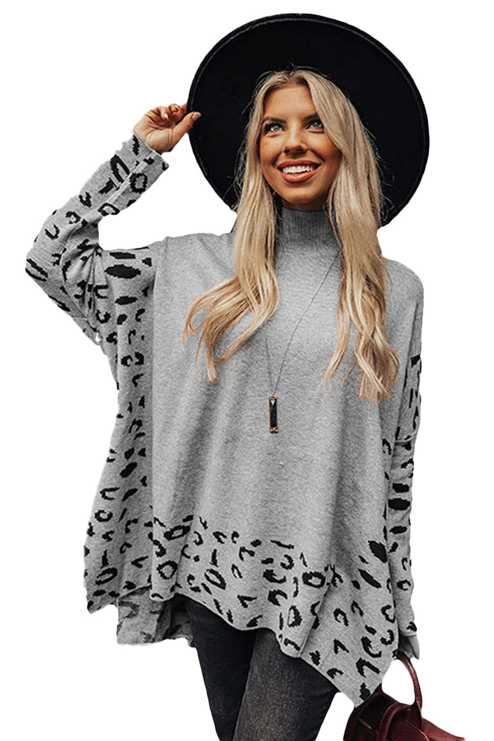 Gerdi Leopard Casual Side Slit High Neck Oversized Sweater
