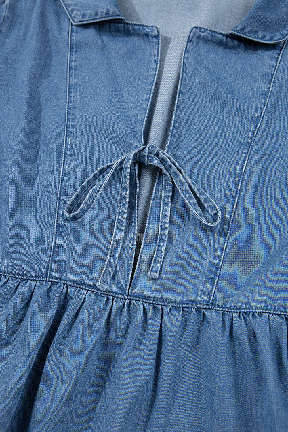 Deidra Blue Denim Lapel Neck Balloon Sleeve Tied Peplum Top