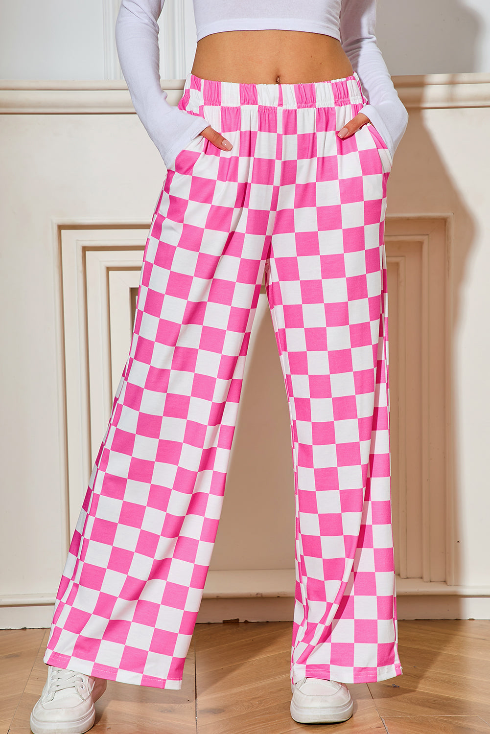 Black Checkered Print High Waist Wide Leg Pants