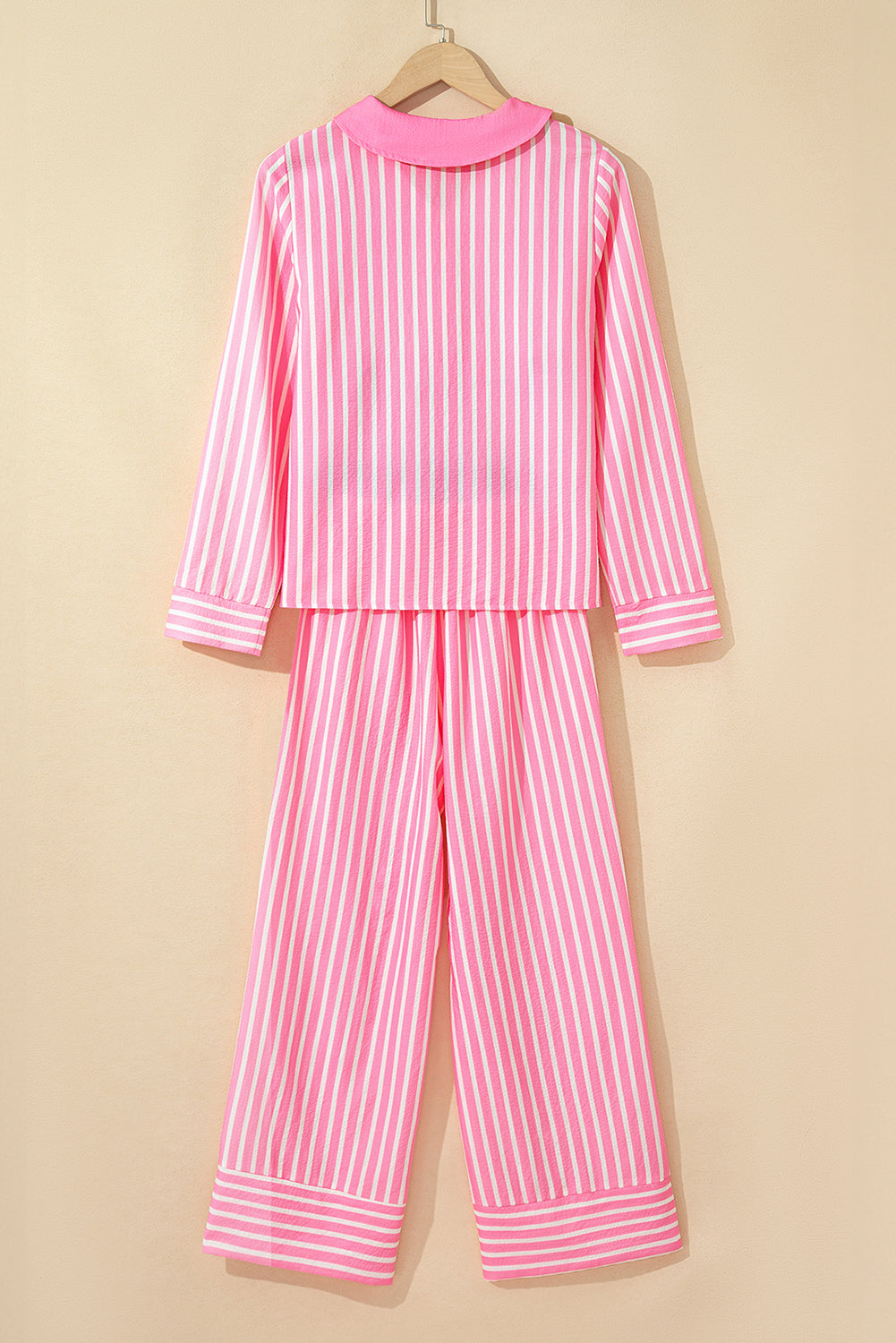 Pink Striped Sweet Bow Decor Peter Pan Collar Pullover Pants Pajama Set