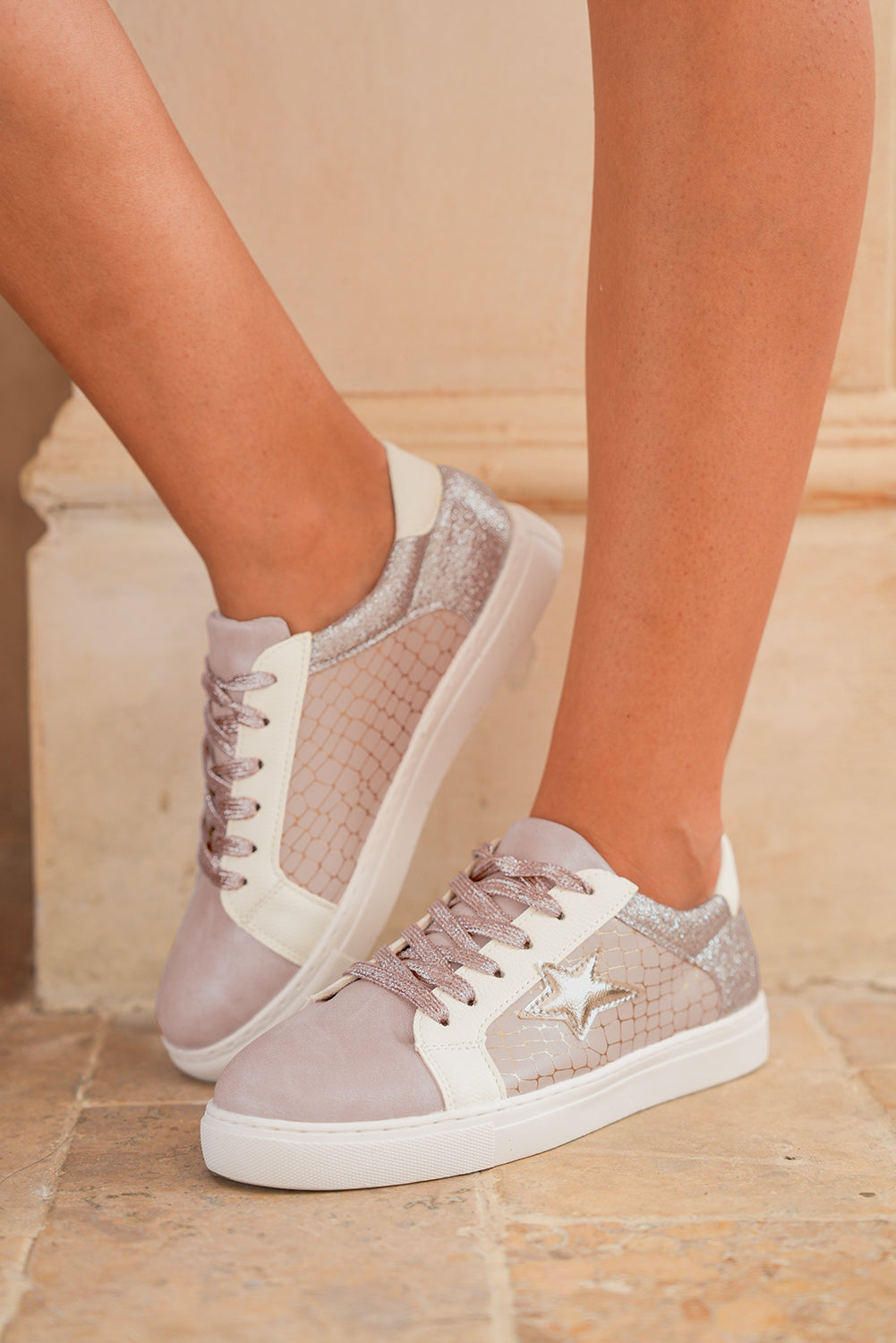 Gold Glitter Star Patchwork PU Leather Lace-up Sneakers