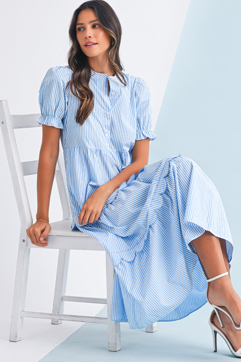 Sky Blue Stripe Bubble Sleeve Scallop Tiered Dress
