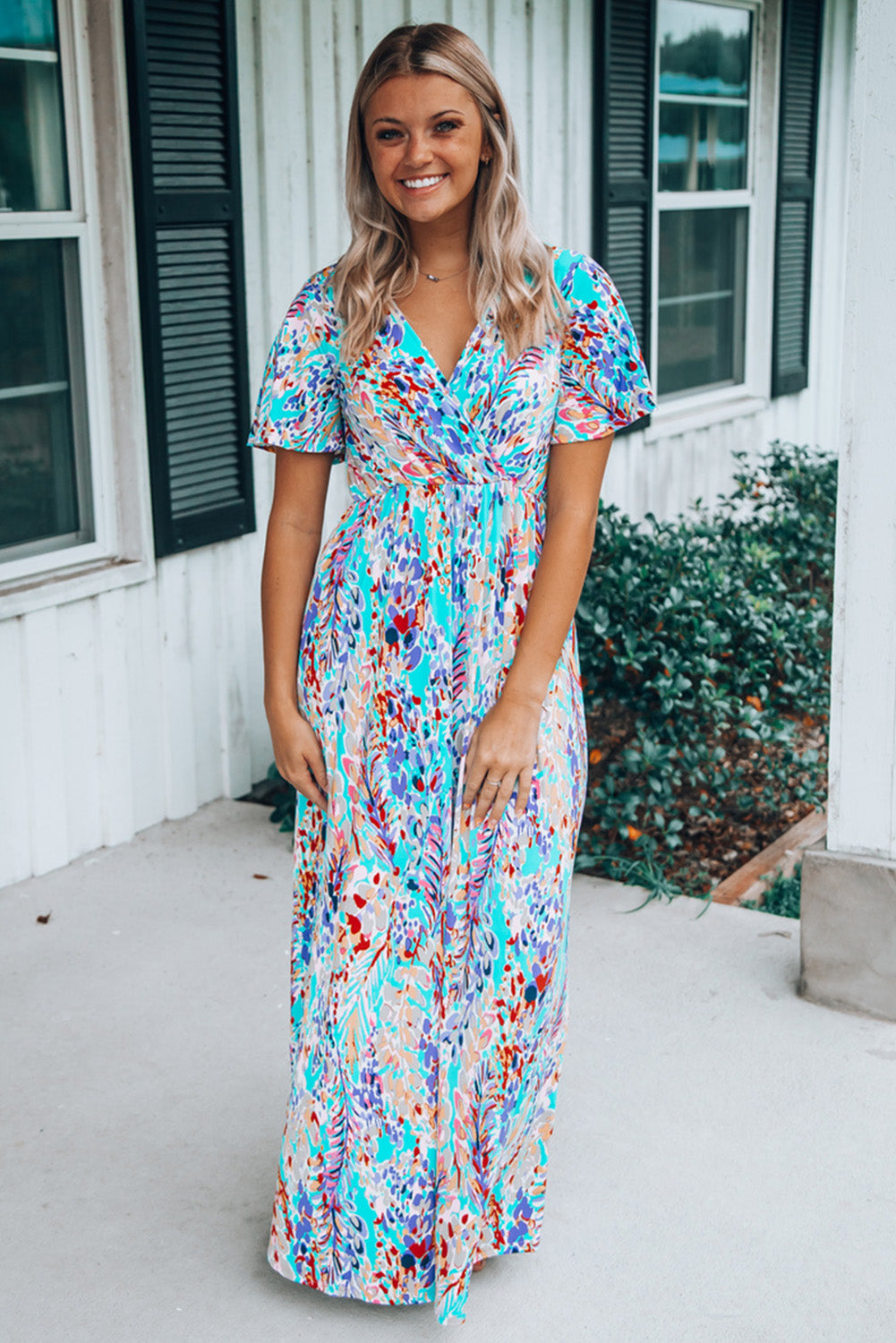 Aubrey Abstract Print Wrap V Neck Flutter Sleeve Mid Length Summer Dress