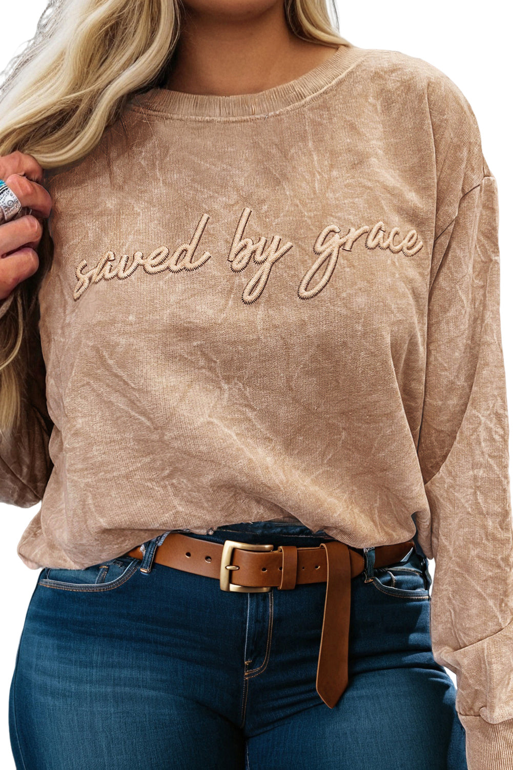 DUNE saved by grace Embroidered Mineral Wash Plus Size Sweatshirt