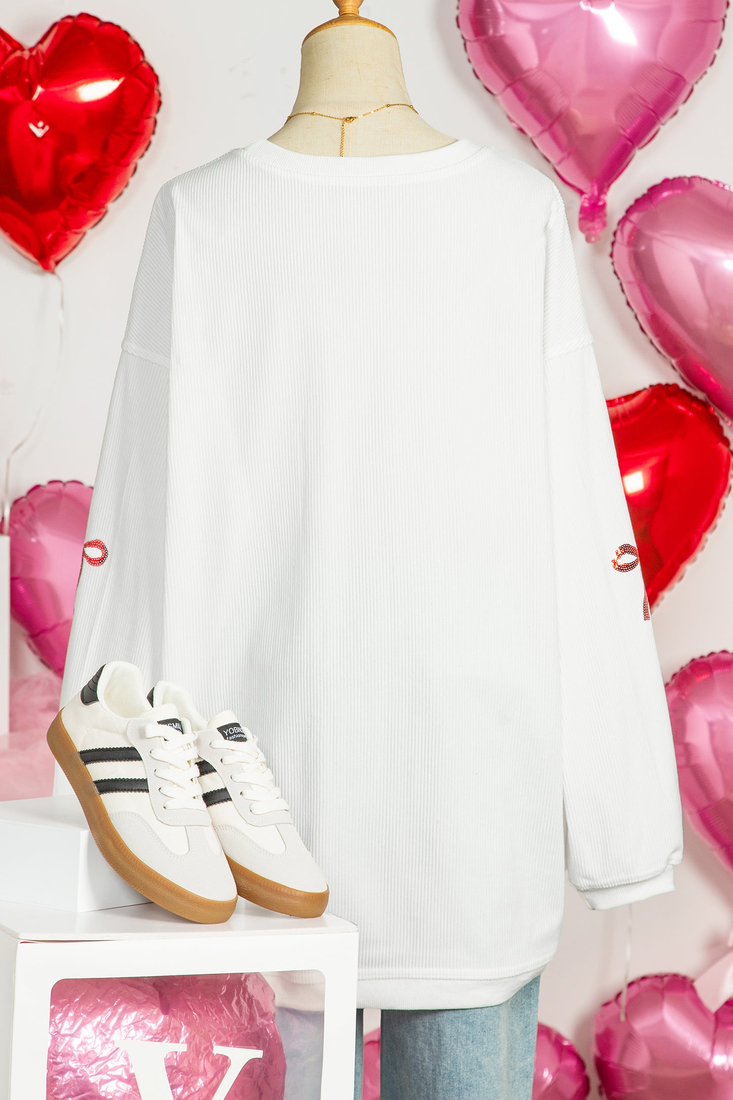 White Sequin Ribbon Bow XOXO Heart Patched Corded Rib Pullover Sweatshirt