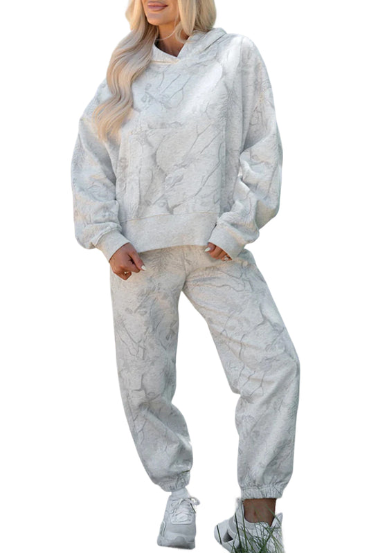 Light Grey Feather Camouflage Print Loose Drop Sleeve Hoodie and Pants Set