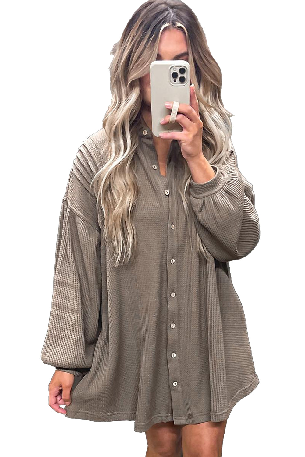 Simply Taupe Waffle Knit Shirt Tunic Mini Dress