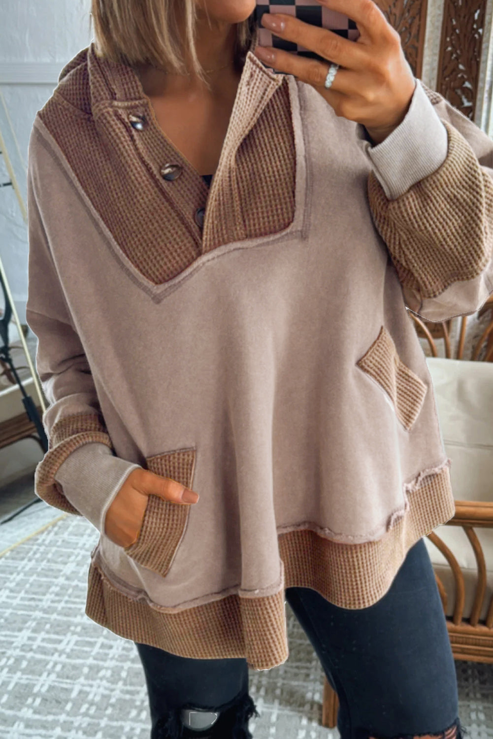 Jenny Waffle Patchwork Exposed Seam Oversized Hoodie