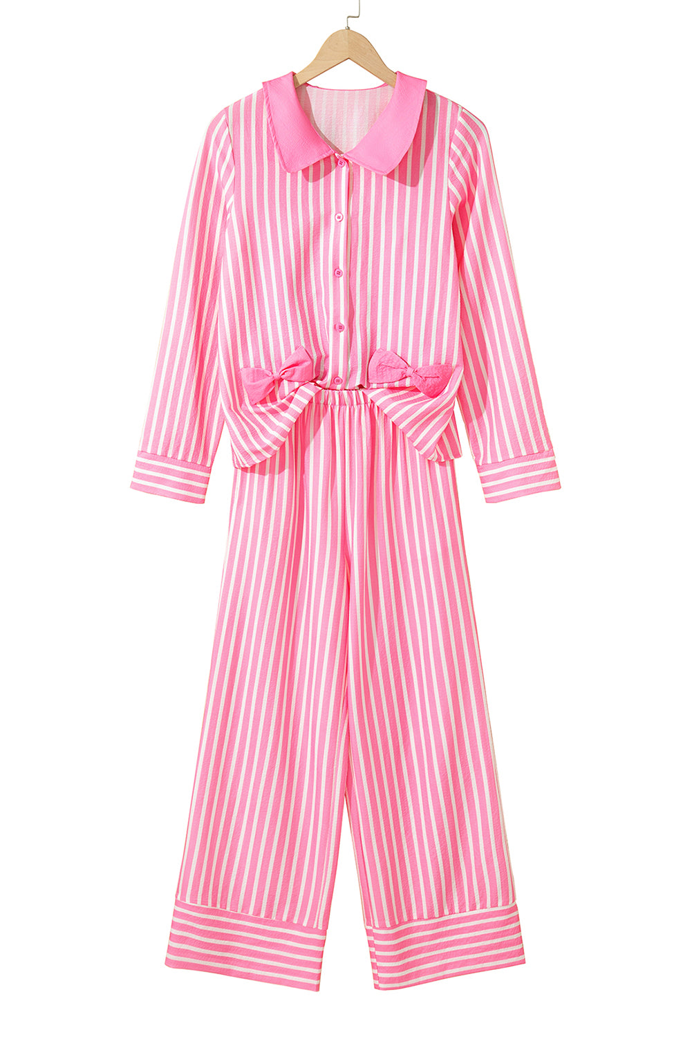 Pink Striped Sweet Bow Decor Peter Pan Collar Pullover Pants Pajama Set
