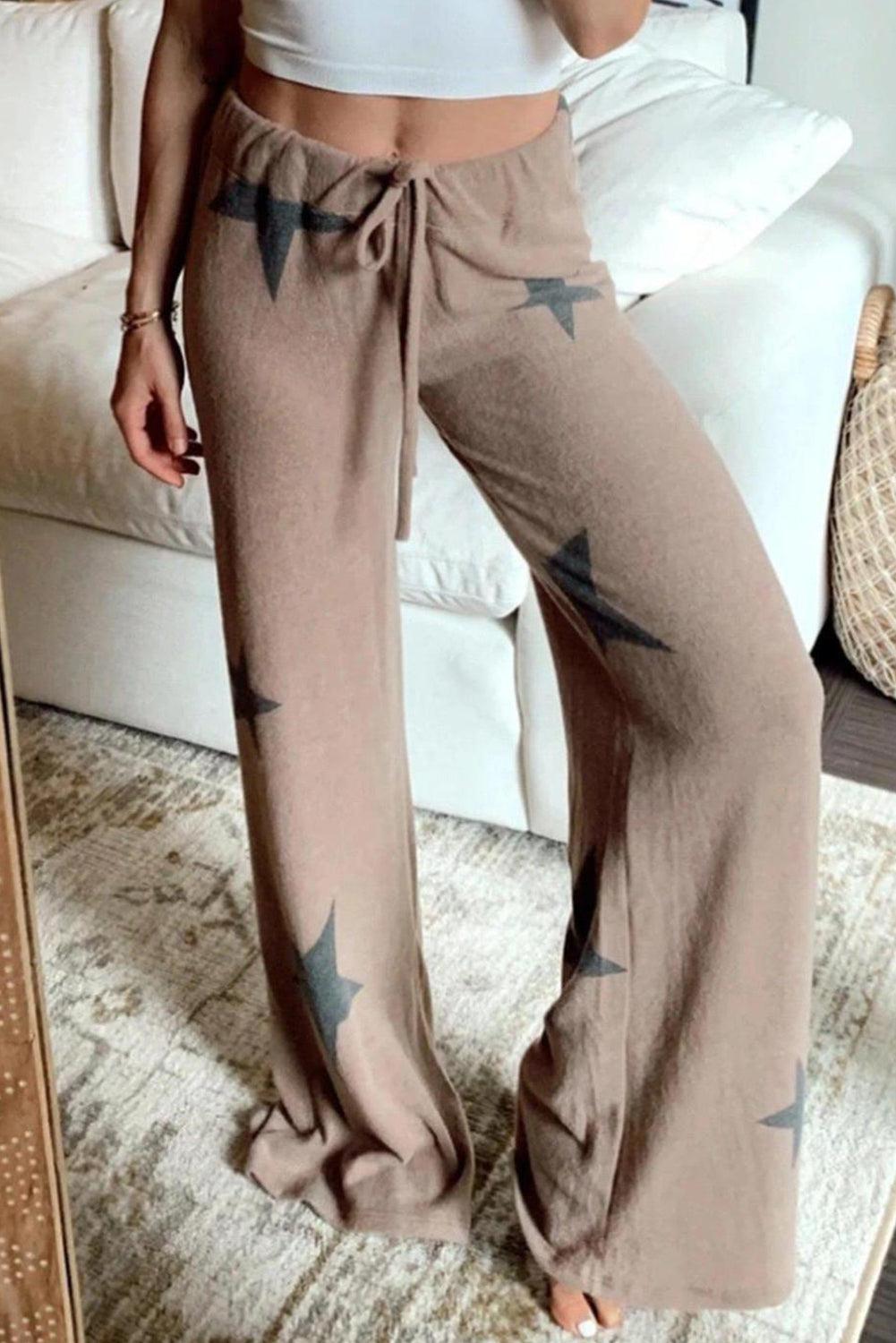 Khaki Retro Star Print Long Sleeve Pullover Drawstring Wide Leg Pajama Set