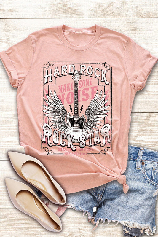 Wholesale Pink Hard Rock Guitar Graphic Crew Neck T Shirt