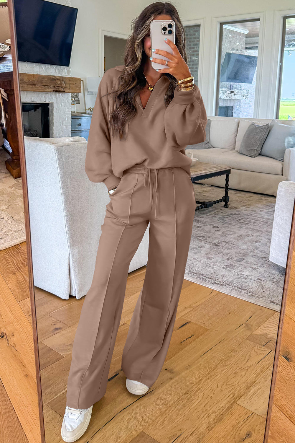 Light Grey Polo Collar V Neck Pullover and Drawstring Sweatpants Set