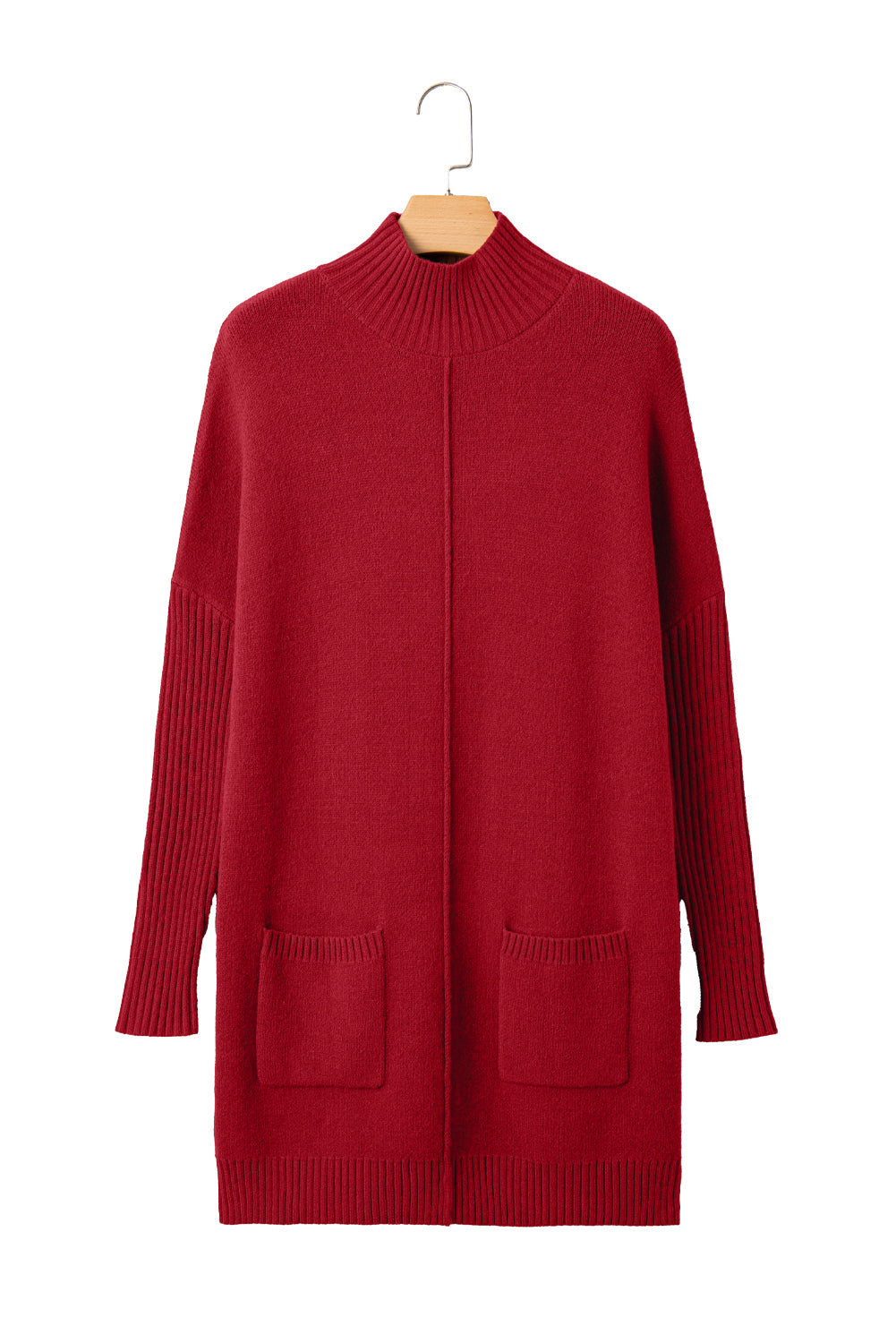 Fiery Red Ribbed High Neck Front Pockets Center Seam Sweater Dress