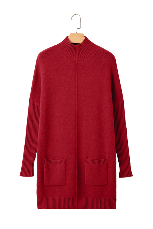 Fiery Red Ribbed High Neck Front Pockets Center Seam Sweater Dress
